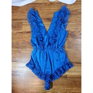Vintage 1980s 80s Mini Blue Lingerie Teddy Val Mode Medium Lace Ruffle